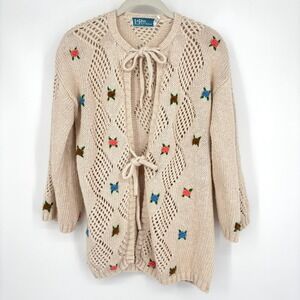 Vintage LeRoy Knitwear Open Knit Tie Front Floral Linen Cotton Cardigan Size M